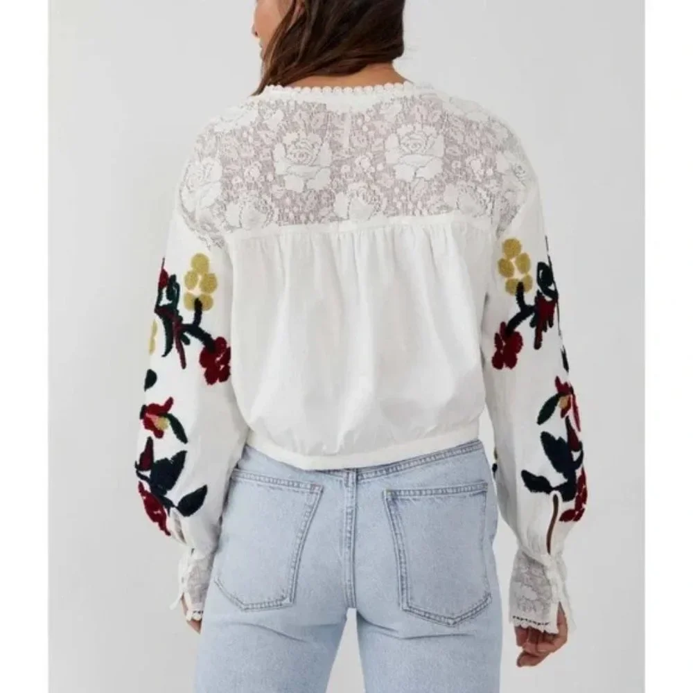 NWT Free People Meadows Embroidered Crop Blouse Size Large